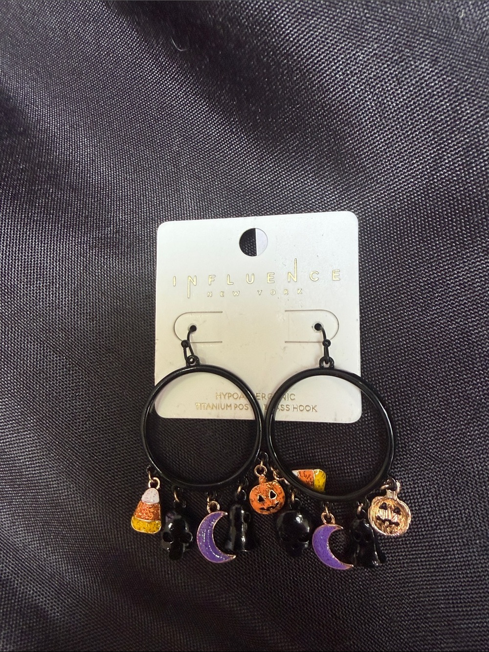 Black Halloween Charm Hoop Earrings for Kids